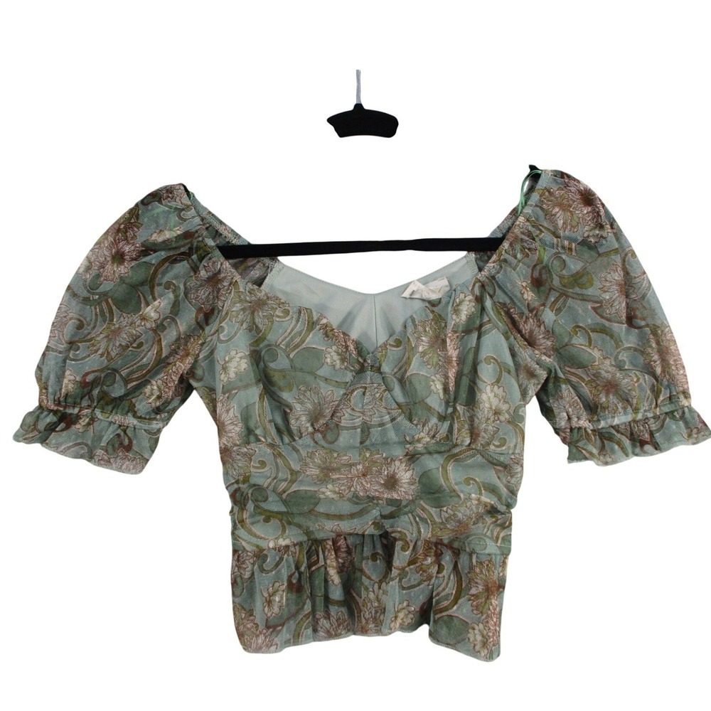 Meraki Sage Green Floral Mesh Puff Sleeve Peplum Blouse XS